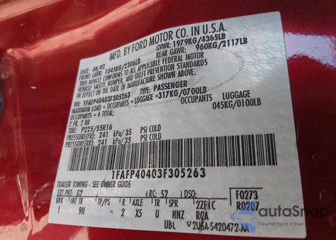 2003 Ford Mustang z USA, uszkodzony, nr VIN 1FAFP40403F305263